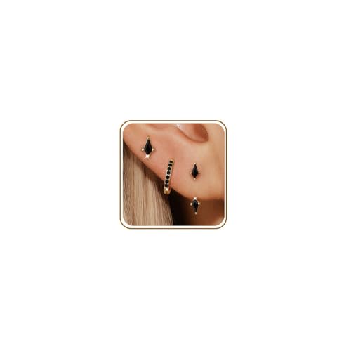 GEORGE · SMITH Stackable Kite Stud Earrings Set for Women, Gold & Silver Huggie Birthstone Jewelry with Emerald Green & Blue Sapphire, Trendy Earrings for Women 2025 - color: Gold,Black CZ