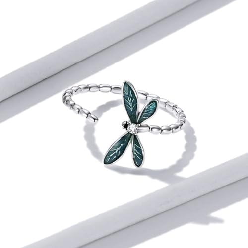 BISAER 925 Sterling Silver Ring Adjustable Cute Unique Cat Snake Butterfly Dragonfly Fashionable Ring For Women Jewelry - color: Green Dragonfly