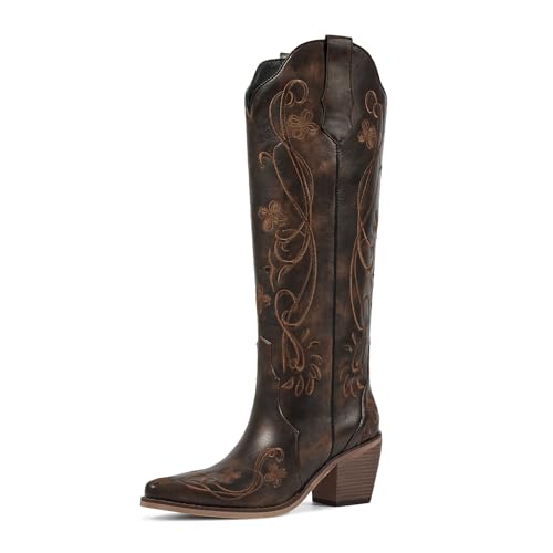 wetkiss Knee High Cowboy Boots for Women, Stable and Comfortable | Western Style,Cowgirl Boots,Versatile,Pull On,Various Occasions,Non-slip Sole,Bohemian Rural Style - color: Vintage Brown Floral, size: 7