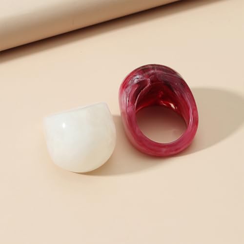 2Pcs Chunky Resin Knuckle Dome Rings Set for Women Dainty Large Y2k Acrylic Finger Nail Ring Pack Big Two Tone Plastic Statement Jewelry Gifts - color: Red