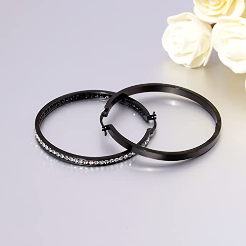 CiNily Mult-colors Crystal Stainless Steel Hoop Earring for Women Hypoallergenic Jewelry for Sensitive Ears Large Big Hoop Earrings 2" - color: Black-a