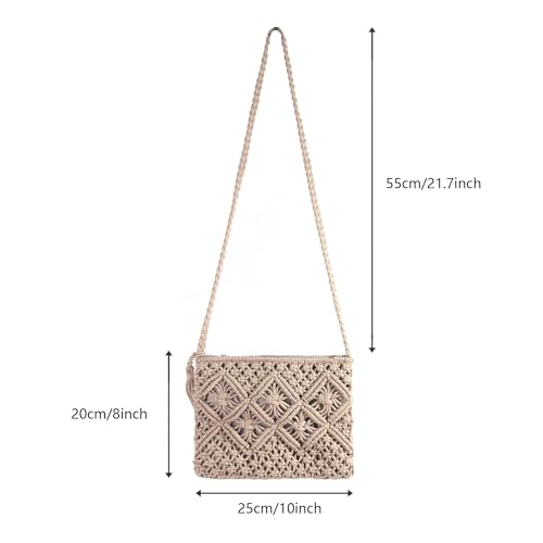 Eiyye Handmade Crochet Purse Boho Cotton Rope Crossbody Shoulder Bag with Tassel Casual Bag for Women - color: Light Khaki