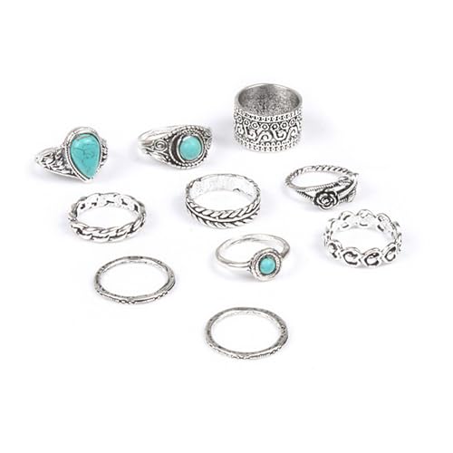 Bohemian Turquoise Ring Set for Women,Vintage Gem Turquoise Opal Joint Knuckle Stackable Rings Chunky Boho Midi Ring Pack Punk Western Ring Mixed Size - style: Style B