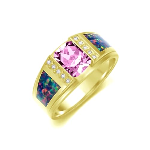 2CT Gemstone Wedding Ring for Men S925 Sterling Silver Gold Plated Opal Engagement Ring Vintage Retro Jewelry for Men Husband Anniversary Free Engraved Size 4 to 16 - style: Pink Tourmaline