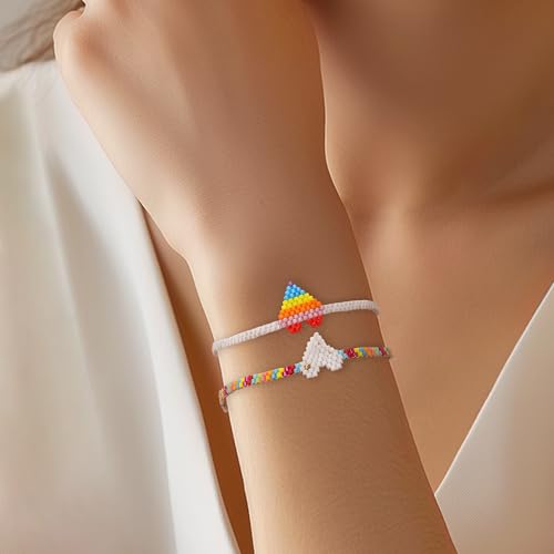 Rainbow Beaded String Braided Bracelets for Women, Summer Boho Handmade Adjustable Beach Waterproof Jewelry Gift - color: White