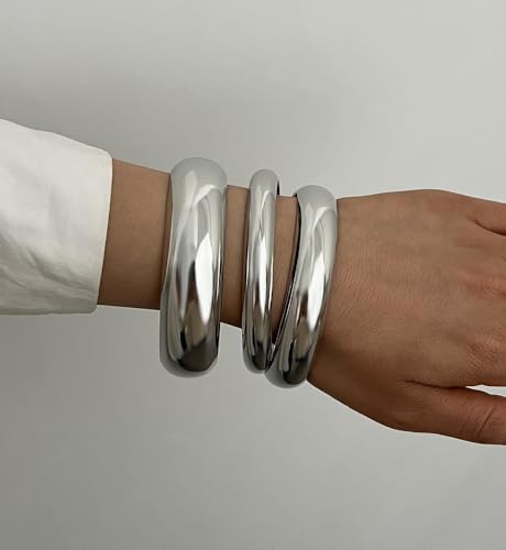 Chunky Gold Bangle Bracelets for Women, Dainty 14k Gold Plated Big Stackable Bangles Set, Trendy Cuff Bracelet Stack Fashion Jewelry Gifts - style: Silver chunky bangle