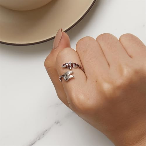 BISAER 925 Sterling Silver Ring Adjustable Cute Unique Cat Snake Butterfly Dragonfly Fashionable Ring For Women Jewelry - color: red fish