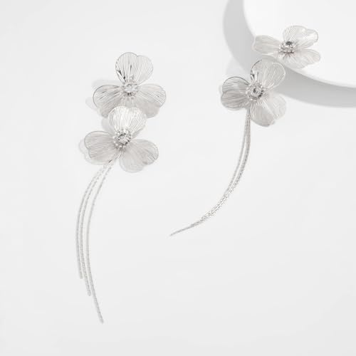 Boho Gold Flower Drop Dangle Earrings for Women Rhinestone Floral Leaf Chandelier Earring Layered Long Tassel Statement Floral Earring Prom Brides Wedding Party Fashion Jewelry Accessary - color: Silver