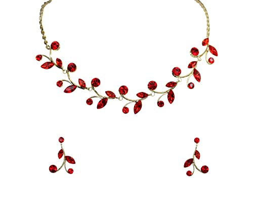 Faship Gorgeous Rhinestone Crystal Floral Necklace Earrings Set - color: Red / Gold plated