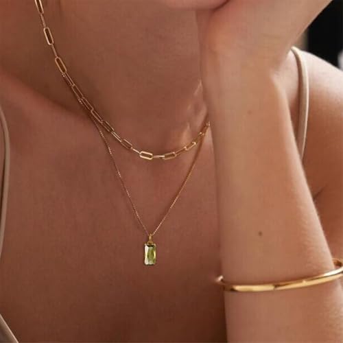 Dainty Gold Charm Necklaces for Women Non Tarnish, 14K Trendy Blue Green Cubic Zirconia Emerald Pendant Birthstone Necklaces Birthday Gifts for Women Waterproof Jewelry - color: 08-August(Peridot)