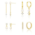 Pearl Earrings for Women, Gold Plated Huggie Hoop Drop Earrings | Hypoallergenic pearl hoop earrings designed for multiple piercings, cartilage styling and everyday wear - style: 4 pearl drop chain earring set-gd