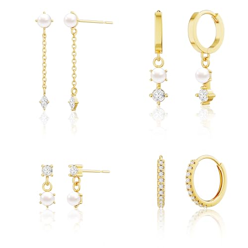 Pearl Earrings for Women, Gold Plated Huggie Hoop Drop Earrings | Hypoallergenic pearl hoop earrings designed for multiple piercings, cartilage styling and everyday wear - style: 4 pearl drop chain earring set-gd
