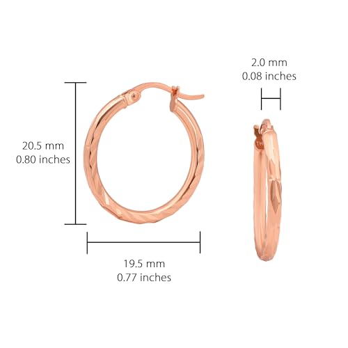 Hoops & Loops 925 Sterling Silver Diamond-Cut Hoop Earrings for Women, 2mm Textured Lightweight Click Top Hoops, 15mm 20mm 25mm 30mm, Silver 14k Yellow Gold & Rose Gold Flash Plated - color: Rose Gold - 20mm (0.78'')