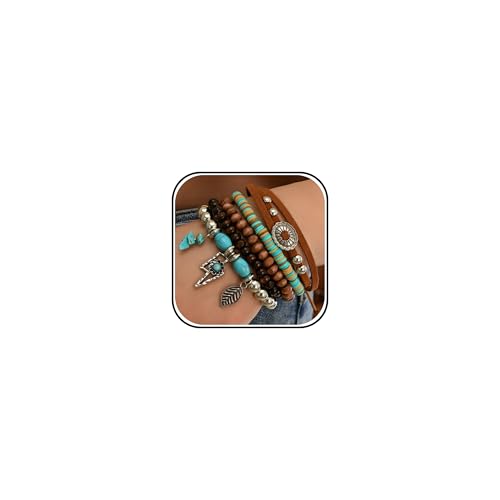Long tiantian Western Turquoise Beaded Bracelet Set for Women Stackable Cowgirl Bracelets Boho Concho Jewelry Country Concert Rodeo Outfit Accessories Gifts - color: D5