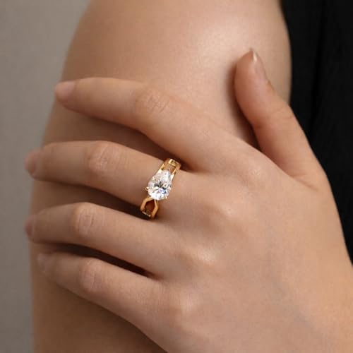 Moissanite Ring for Women, 1.5ct Blue Green Pear Shaped Teardrop Moissanite Colored Ring, 18K Gold Plated Sterling Silver, Statement Cocktail Rings for Women, Birthday Anniversary Jewelry Gift - color: Gold