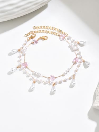 2Pcs Layered Pearl Anklet Set for Women - Dainty Imitation Pearl & Teardrop Charm Ankle Bracelets, Beach Foot Jewelry