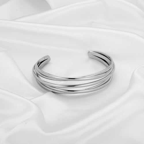 WOWORAMA Chunky Cuff Bracelets for Women Multi-layer Cross Wire Open Bangle Bracelet Adjustable Chunky Wide Open Wrist Arm Cuffs Wrap Bracelet Gold/White Gold - color: White-Gold Five-Layer Cuff