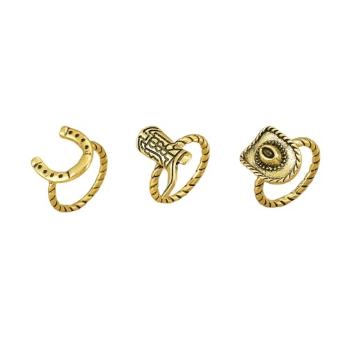 NewZenro 3PCS Western Cowboy Stacking Rings Set for Women Men Vintage Boho Cowgirl Hat Boot Horseshoe Stackable Statement Finger Band Rings Comfort Fit Country Concert Party Holiday Jewelry Size 7 - color: Gold