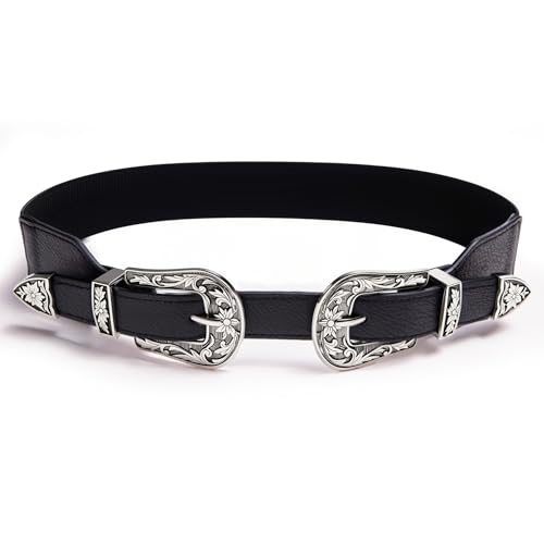 Dubulle Womens Belt Chain Leather Belts Vintage Western Adjustable Elastic Double Buckle for Cowboy Pant Dress - color: Silver Black a