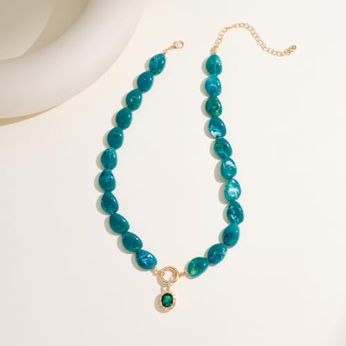 Multicolor Irregular Beaded Necklace for Women Chunky Resin Oval Bead Choker with Cubic Zirconia Pendant Summer Beach Mothers Day Gifts - color: XL23350B