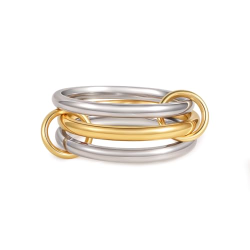 Gold/Silver Interlocked Rings For Women Dainty Stainless Steel Cubic Zirconia Stackable Statement Rings Two-toned Connected Bands Rings Non Tarnish (size 6-10) - color: R--Silver gold silver ring