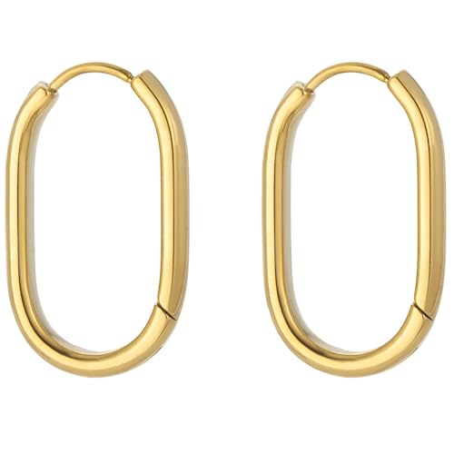 Stainless Steel Hoop Earrings for Women Gold Tone Geometric, Huggie Heart Twisted Minimalist Engraved Designs for Daily Wear - color: Gold-Oval02_25mm*15mm