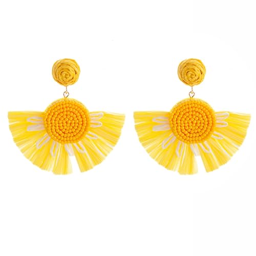Boho Raffia Floral Fan-Shaped Dangle Earrings, Beaded Textured Statement Earrings with Fringe Detail, Lightweight Drop Earrings for Parties, Vacations and Everyday Outfits
