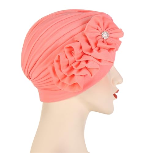 Flower Turban Hats for Women - Ruffle Bead Stretch Solid Caps Chemo Cancer Pre Tied Headscarf Headwear - color: Watermelon Red