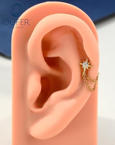 OUFER 16G Chain Cartilage Piercing Jewelry-316L Surgical Steel Gold Flat Back Push Pin Helix Earring, Star Clear CZ Double Chain Lobe Piercing Jewelry - style: Star-Gold