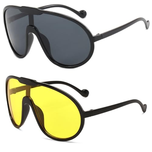 Dollger Oversized One Piece Sunglasses For Women Fashion Men Wrap Around UV400 Shield Goggles - color: 2 Packs: Black+yellow