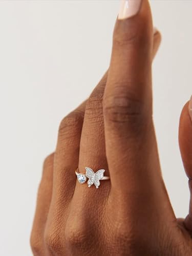 Bestyle 925 Sterling Silver Butterfly Ring Hypoallergnic Adjustable Birthstone Rings for Women Butterfly Jewelry Gifts for Anniversary Mothers' Day Birthday - color: 04.April (Diamond)