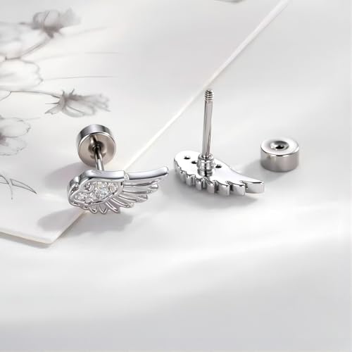Angel Wing Stud Earrings for Women Flat Back Cartilage Earrings Zircon Crystal Stainless Steel earring Helix Piercing Jewelry