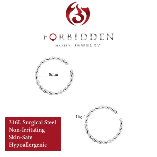 Forbidden Body Jewelry Nose Rings Set Surgical Steel Braided Hoops for Pierced and Fake Nose and Cartilage Piercings 14G-20G - style: 16g 8mm Silver Tone (2pcs)