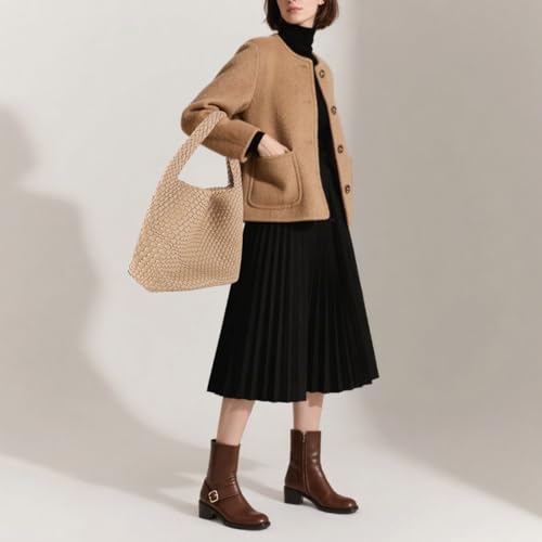 Woven Tote Bag For Women, Large Vegan Leather Travel Handbag, Casual Work Shoulder Bag, Underarm Commuter Hobo Bag With Purse - color: Khaki