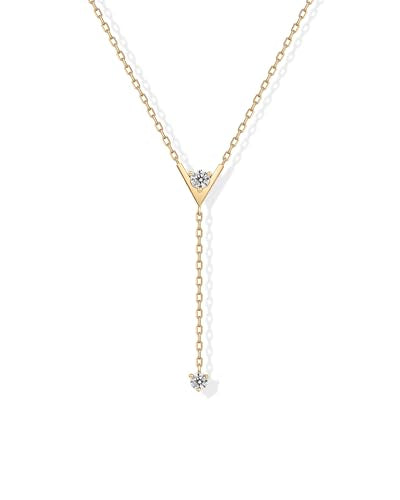 PAVOI 14K Gold Plated Drop Lariat Chain for Women - Cubic Zirconia Long Necklace - Station Star Layered Beaded Y Necklace - style: V-Shaped