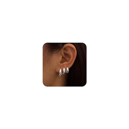 Poxtex Small Sterling Silver Huggie Hoop Earrings Set for Women, Hypoallergenic 14K Gold Plated Hoops Stacks for Multiple Piercings, Dainty Cute Mini Lightweight Cartilage Studs Trendy Jewelry Gift - color: Silver-chunky hoops 8 10 12
