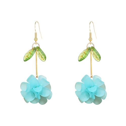 Resin Flower Cluster Ball Dangle Drop Earrings for Women Spring Summer Bohemian Floral Petal with Green Leaf Earrings Vacation Party Jewelry - color: Light Blue
