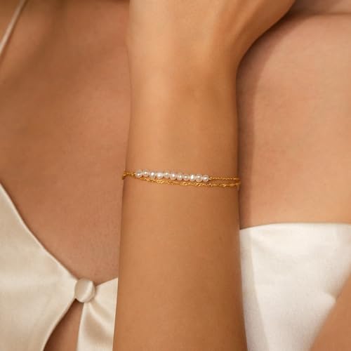 SLOONG Gold Pearl Bracelets for Women Trendy, 14K Gold Plated Dainty Stackable Layered Chain Bridesmaid Bracelets, Waterproof Wedding Jewelry for Women Adjustable 6"+2" - color: Style2(Pearl)