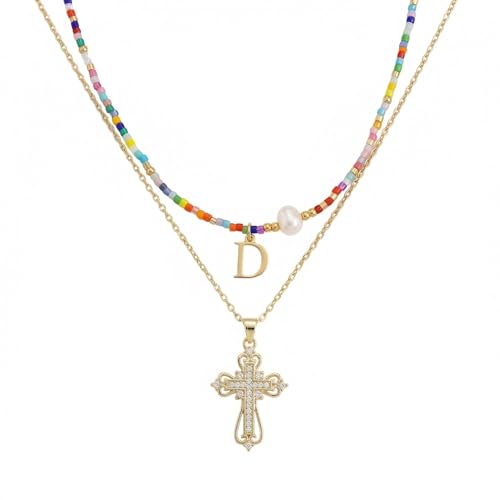Colorful Pearl Beaded Initial Choker Necklaces for Women, Boho Handmade Personalized Seed Beads Letter Name Necklace Beach Surfer Bohemian Jewelry Gift - color: Cross D