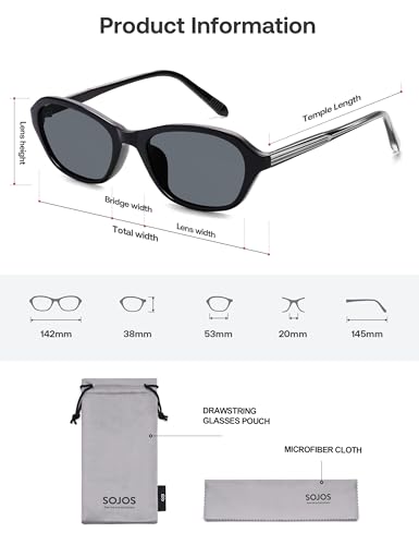 SOJOS Retro Oval Sunglasses for Women Trendy Cat Eye Narrow Chic Y2K 90s Sunnies SJ2685 - color: Black/Grey
