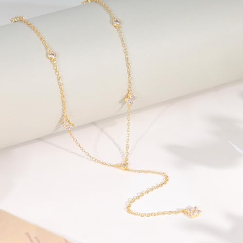 Gold Necklace for Women - Dainty Long Lariat Necklace 14K Gold Plated Clover Star Teardrop CZ Y Shaped Drop Necklaces Cute Long Necklaces for Women Trendy Prom Formal Womens Jewelry - color: Gold-Clover Drop