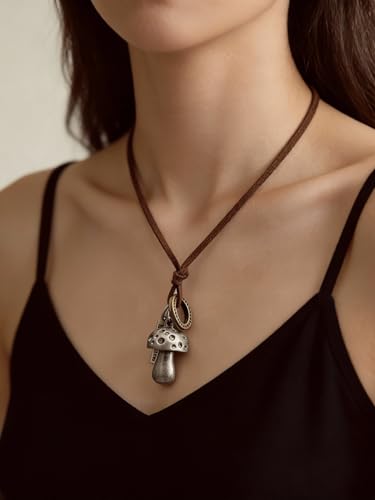 PU Leather Necklace Vintage Boho Style Multilayer Pendant Long Sweater Necklace Jewelry for Women Men with Adjustable Leather Cord - color: Mushroom Pendant Leather Necklace