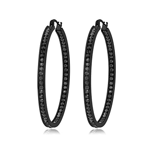 CiNily Mult-colors Crystal Stainless Steel Hoop Earring for Women Hypoallergenic Jewelry for Sensitive Ears Large Big Hoop Earrings 2" - color: All Black