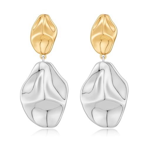 MUYAN Gold and Silver Boho Hammered Dangling Earrings for Women Modern Statement Finish Dangle Drop Earrings Jewelry - color: Drop Two Tone