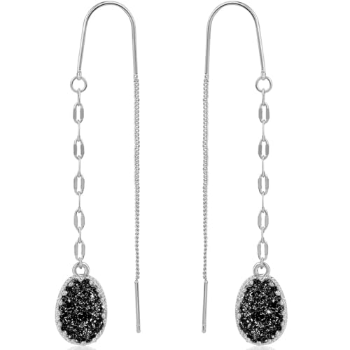 Simulated Druzy Threader Earrings for Women - Gold, Silver, or Rose Gold Tone Long Chain Earrings with Boho Created Geode Stone - color: Silver - Black Stone