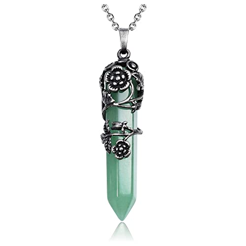 Top Plaza Antique Silver Flower Wrapped Natural Green Aventurine Healing Crystal Necklace - color: Green Aventurine