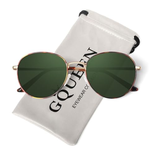 GQUEEN Retro Round Polarized Sunglasses Womens Men Spring Hinge Metal Frame Trendy Hippie Oval Sun Glasses Shades UV400 - color: 1 Tortoise Frame/Green Lens