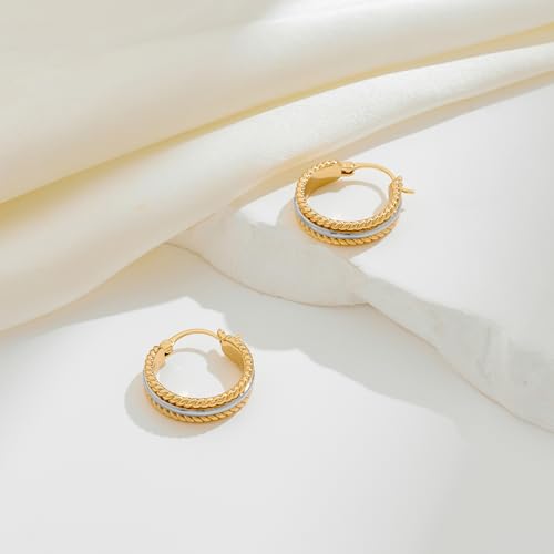 Chunky Gold Hoop Earrings for Women - 14k Gold Plated Twisted Rope Thick Hoops, Lightweight Hypoallergenic Small Hoop Earrings, Trendy Fashion Jewelry Gifts - color: two tone