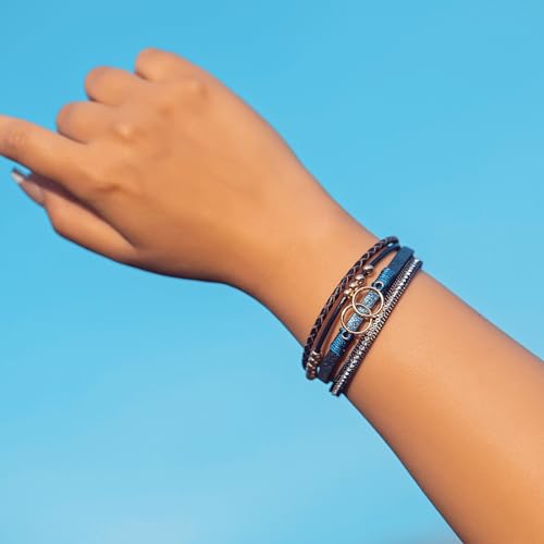 FANCY SHINY Boho Leather Wrap Bracelet Stackable Infinity Chunky Cuff Bracelets Western Hippie Outfits Jewelry Valentine Gifts for Women - color: Navy Blue