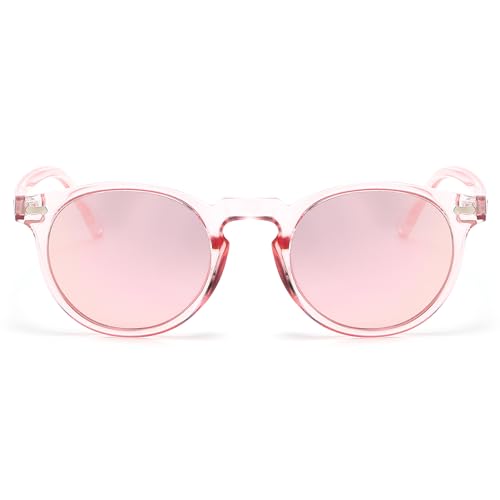 LJCZKA Round Polarized Sunglasses for Men Women Retro Small Face Sunglasses Polarized Vintage Sun Glasses UV400 Protection - color: Clear Pink Pink(mirrored)